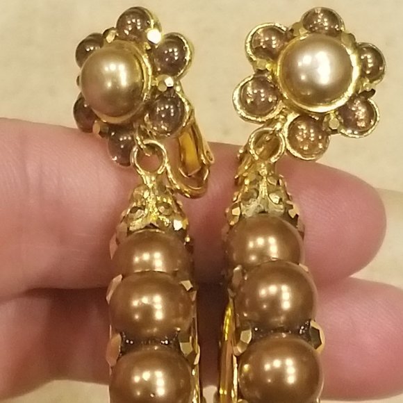 VINTAGE STATEMENT JOSE & MARIA BARRERA PEARL CRYSTAL DROP CHANDELIER EARRINGS - Picture 3 of 11